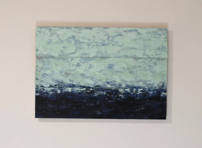 Wooden art•Original beach style painting•Dark blue•light green•Recycled materials•Sustainable decor•Rustic beach decor•Blue green ocean art