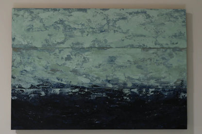 Wooden art•Original beach style painting•Dark blue•light green•Recycled materials•Sustainable decor•Rustic beach decor•Blue green ocean art